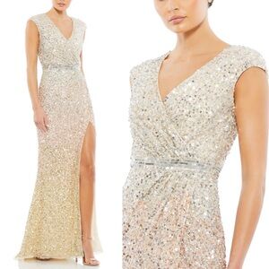 Mac Duggal NEW Nude Cap Sleeve Sequin High Slit Gown 5489 size 8